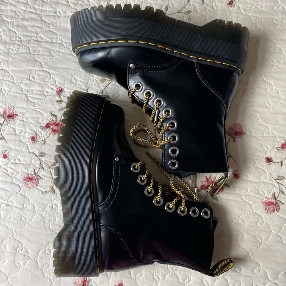 Dr. Martens Black Leather Platform Combat Boots with Yellow Accents - Picture 5 of 13
